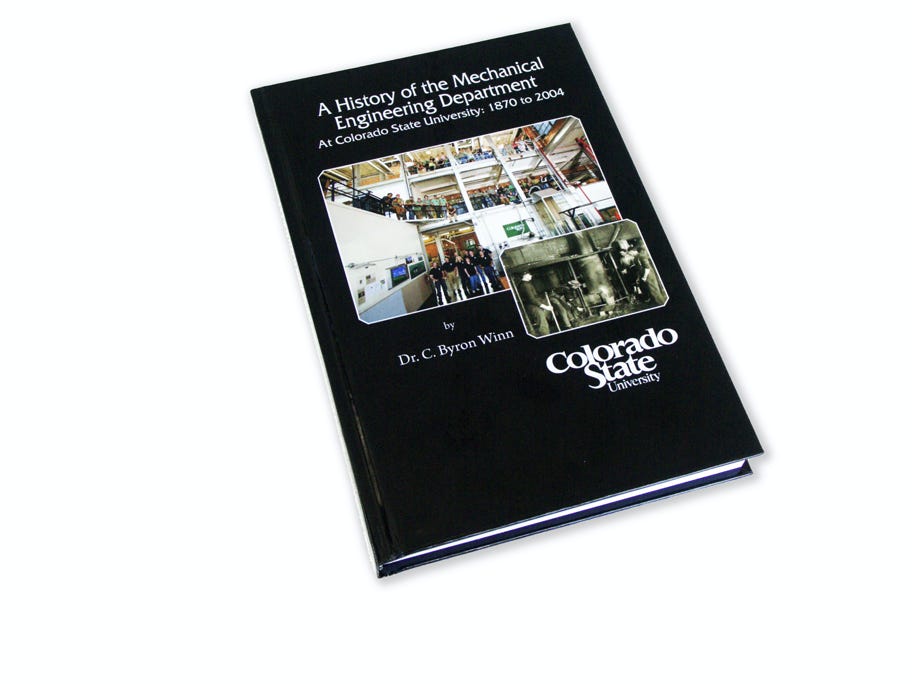 This is a hardcover book with a detailed history of the mechanical engineering department at CSU. The inner pages are black and white with many photos and charts. 