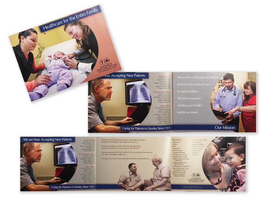 Anvil Graphics took all the photos and then did the design and layout of this medical practice brochure showing doctors and patients. 