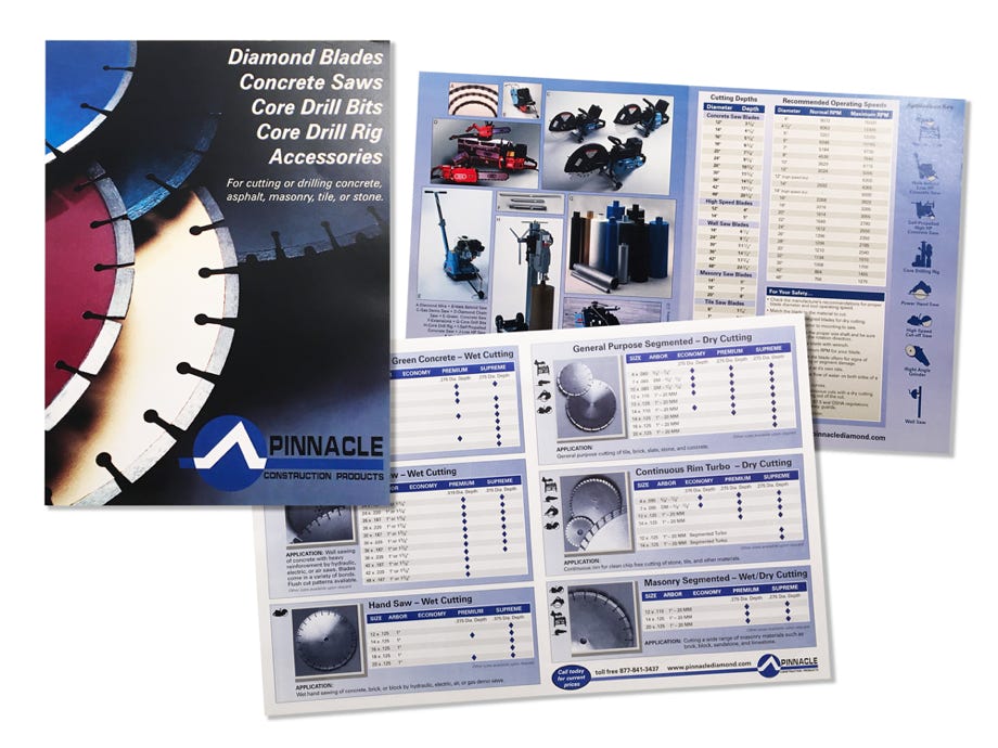 This full color multi-page catalog details the diamond blades and core drills sold by a local manufacturer.