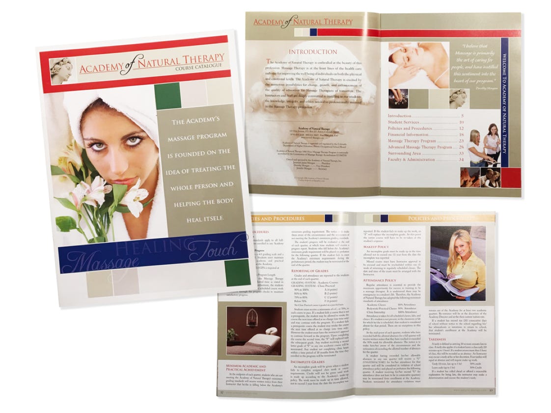 This is a multiple page full color brochure for a private school academy for day spa and salon.