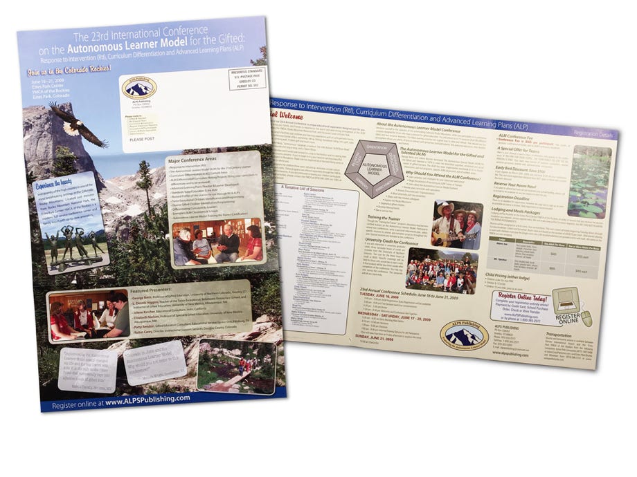 This direct mail piece is a large tri-fold which includes a poster on one side. Lots of detailed info for the seminar program and speakers.