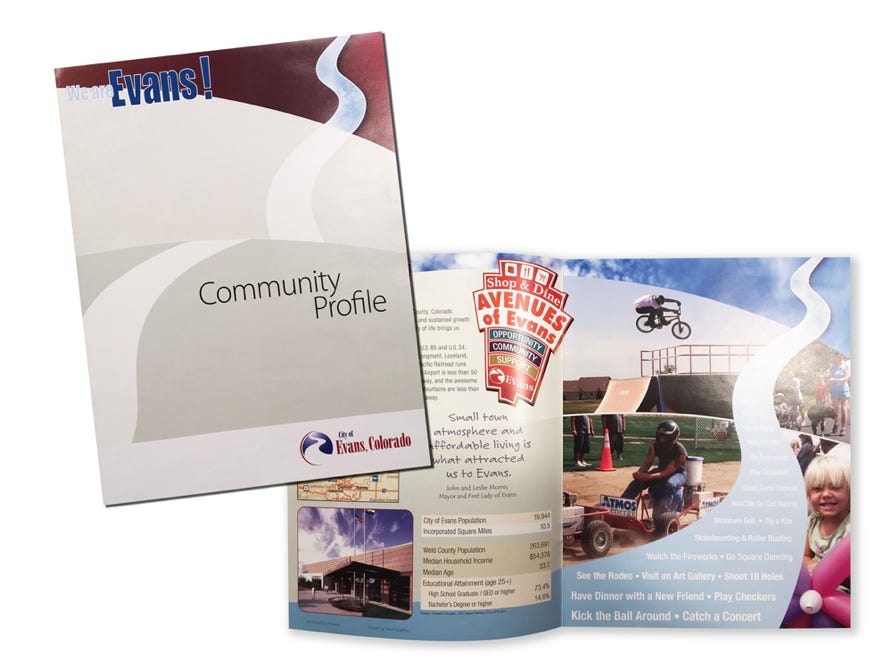 A full color multiple page booklet featuring the City of Evans.